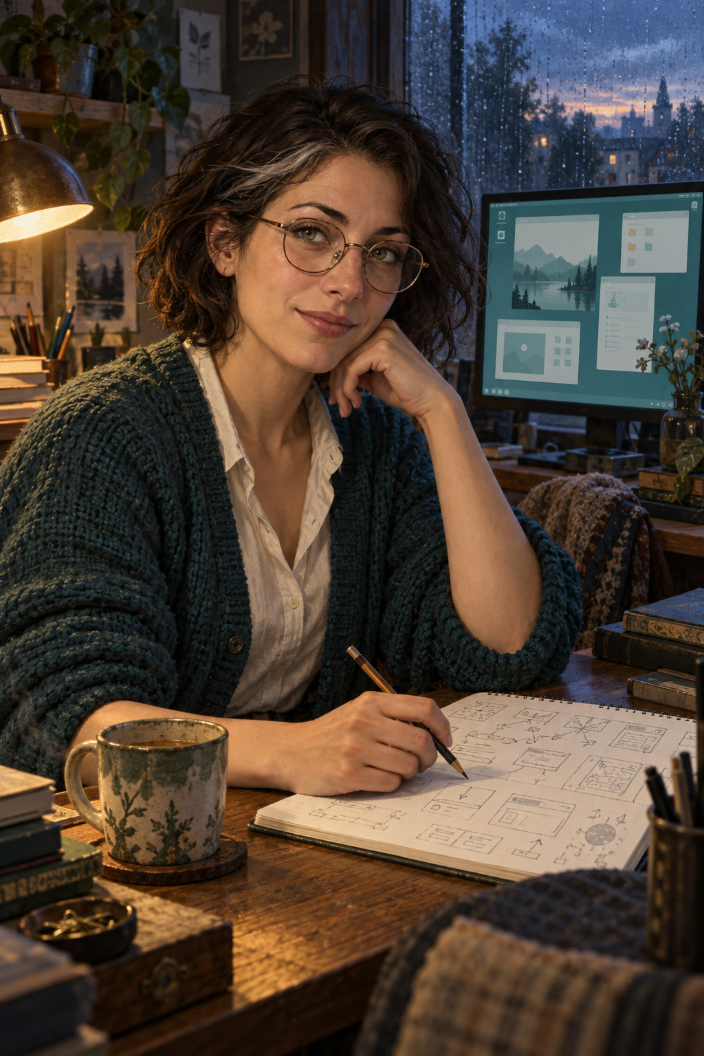 Illustrated portrait of Nora wearing glasses and a teal cardigan, with a silver streak in her chestnut hair